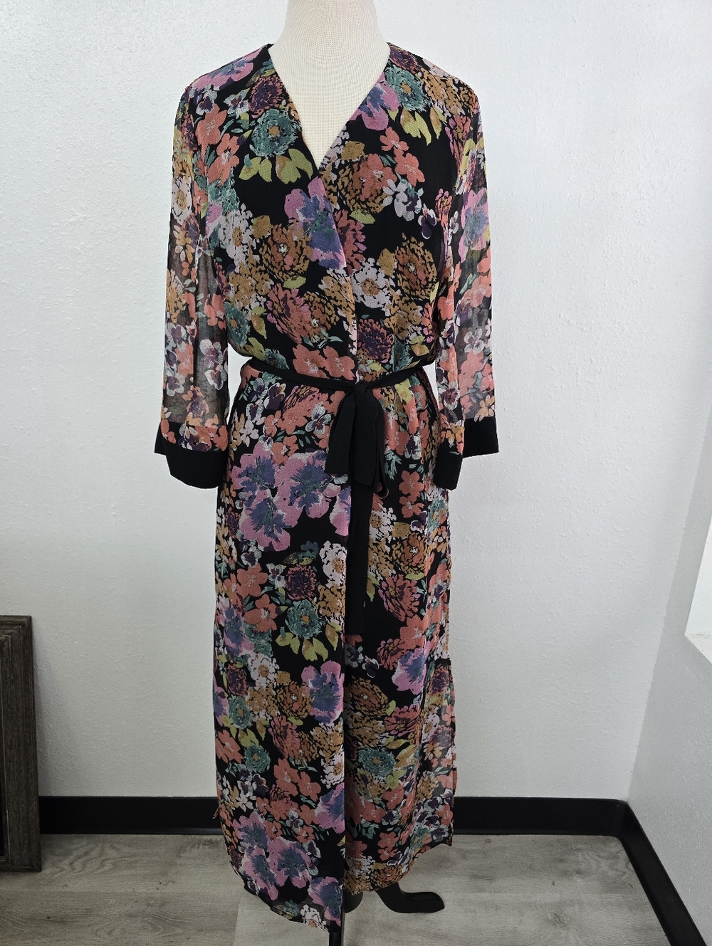 Anthropologie If By Sea NWT Penolope Floral Long Kimono Duster Black Trim Large - Picture 5 of 10